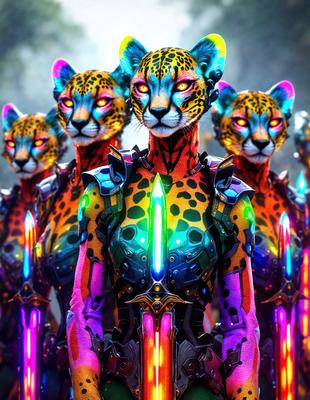 The primary subject of the image is a woman with a unique and colorful appearance. She is wearing a costume that features a combination of leopard and rainbow colors, giving her a striking and eye-catching look. The setting is a dark room, which adds to the dramatic and mysterious atmosphere of the scene. The visual style of the image is a digital art or illustration, showcasing the creativity and skill of the artist. The colors and mood of the image are vibrant and lively